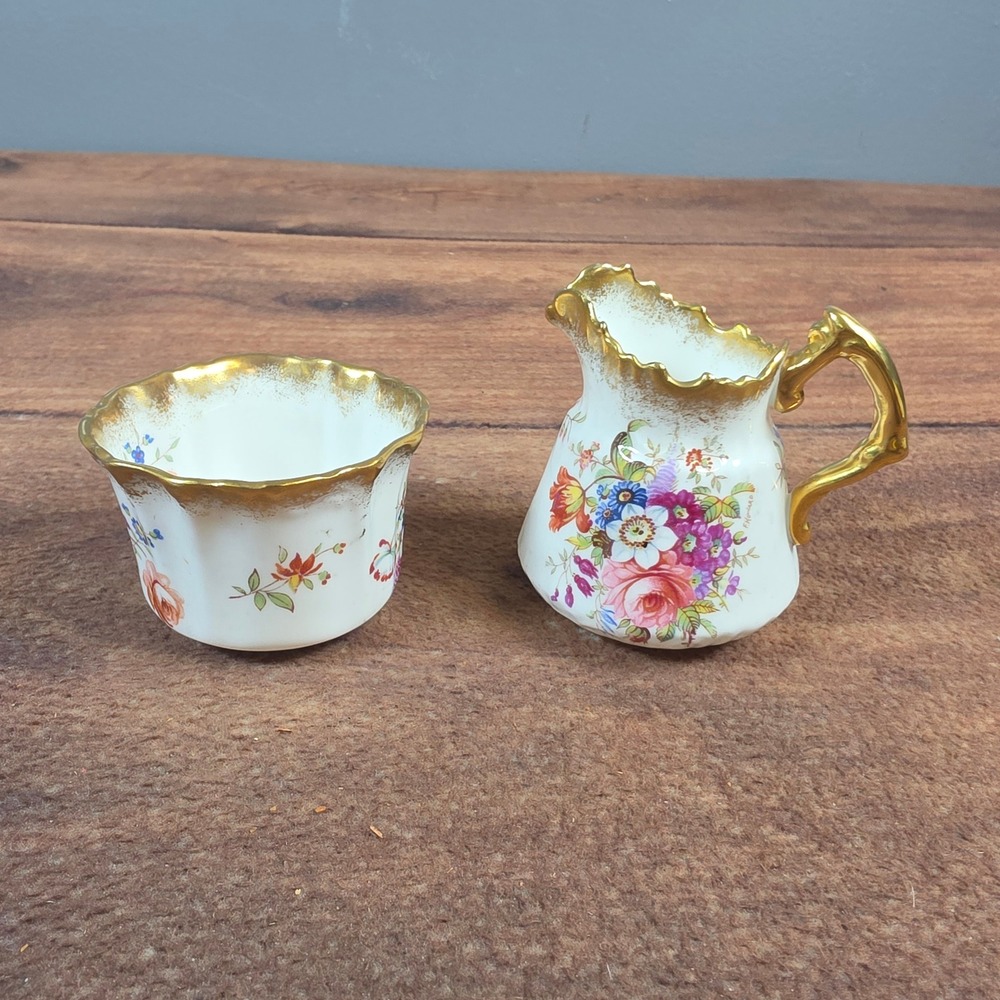 Hammersley Creamer Sugar Bowl Lady Patricia White Excellent Floral Gold Trim